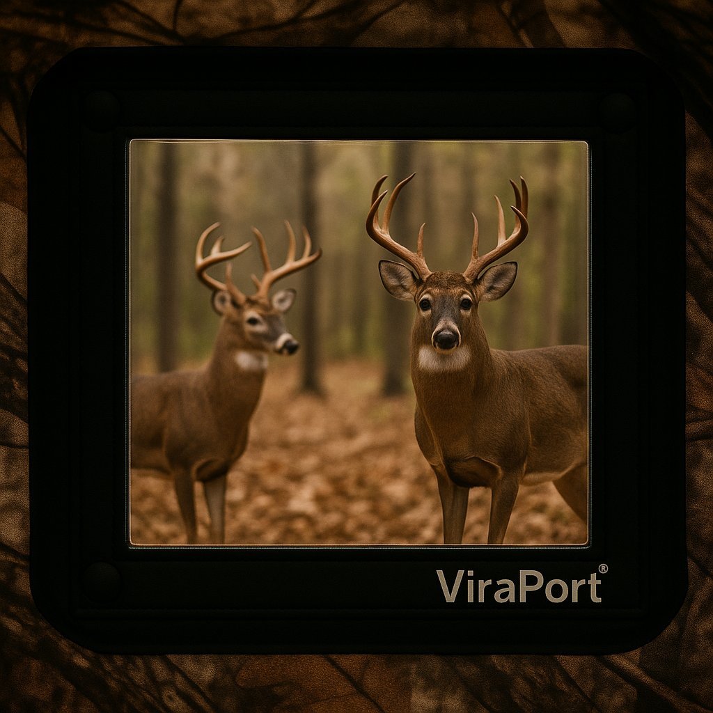 Two buck deer observation through camouflaged Viraport blind window