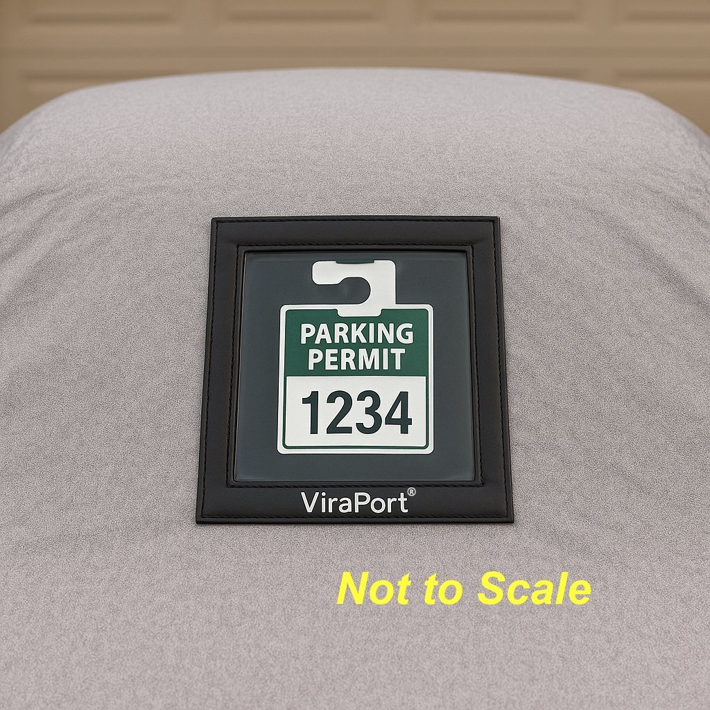Parking permit displayed through clear Viraport window in car cover