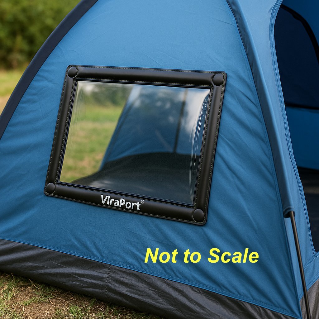 Camping tent enhanced with clear Viraport window panel