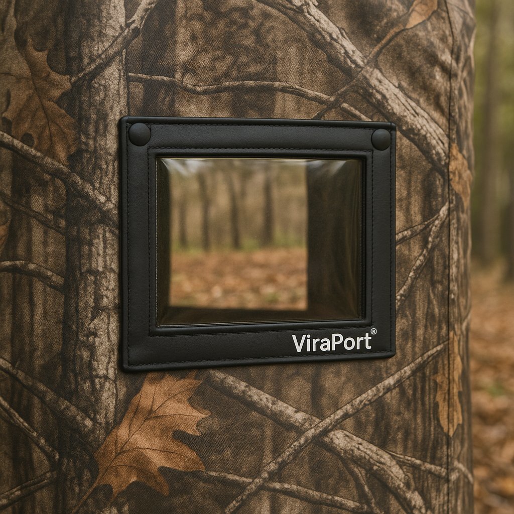 Camouflage-framed Viraport hunting blind panel for game monitoring