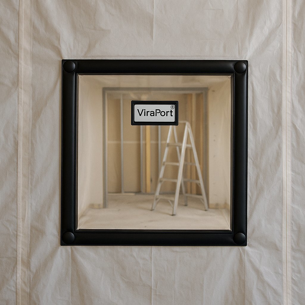 Construction site dust barrier with Viraport safety viewing window