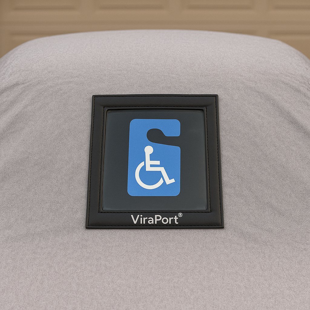 Disabled parking placard visible through Viraport window in vehicle cover