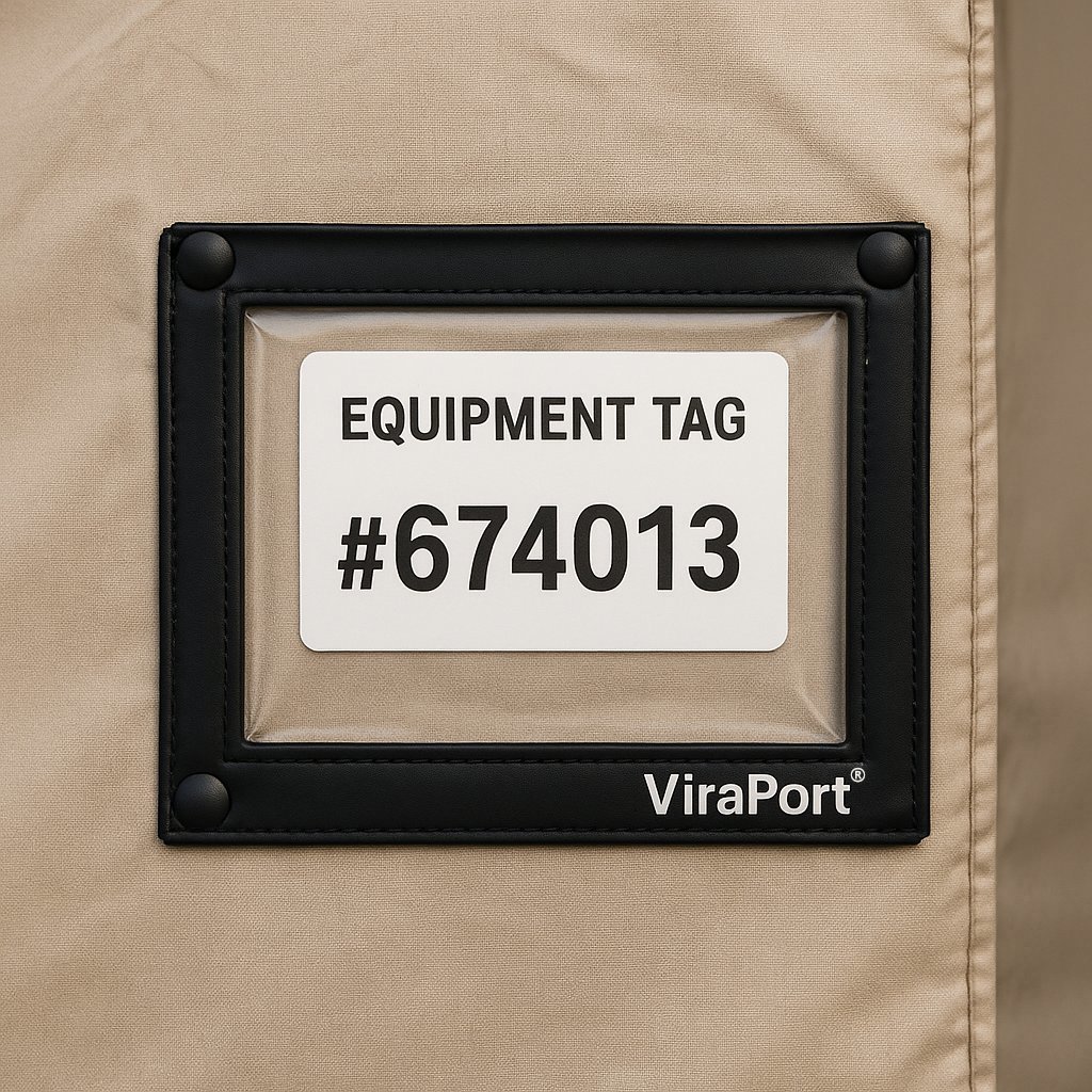 Equipment identification tag visible through Viraport window