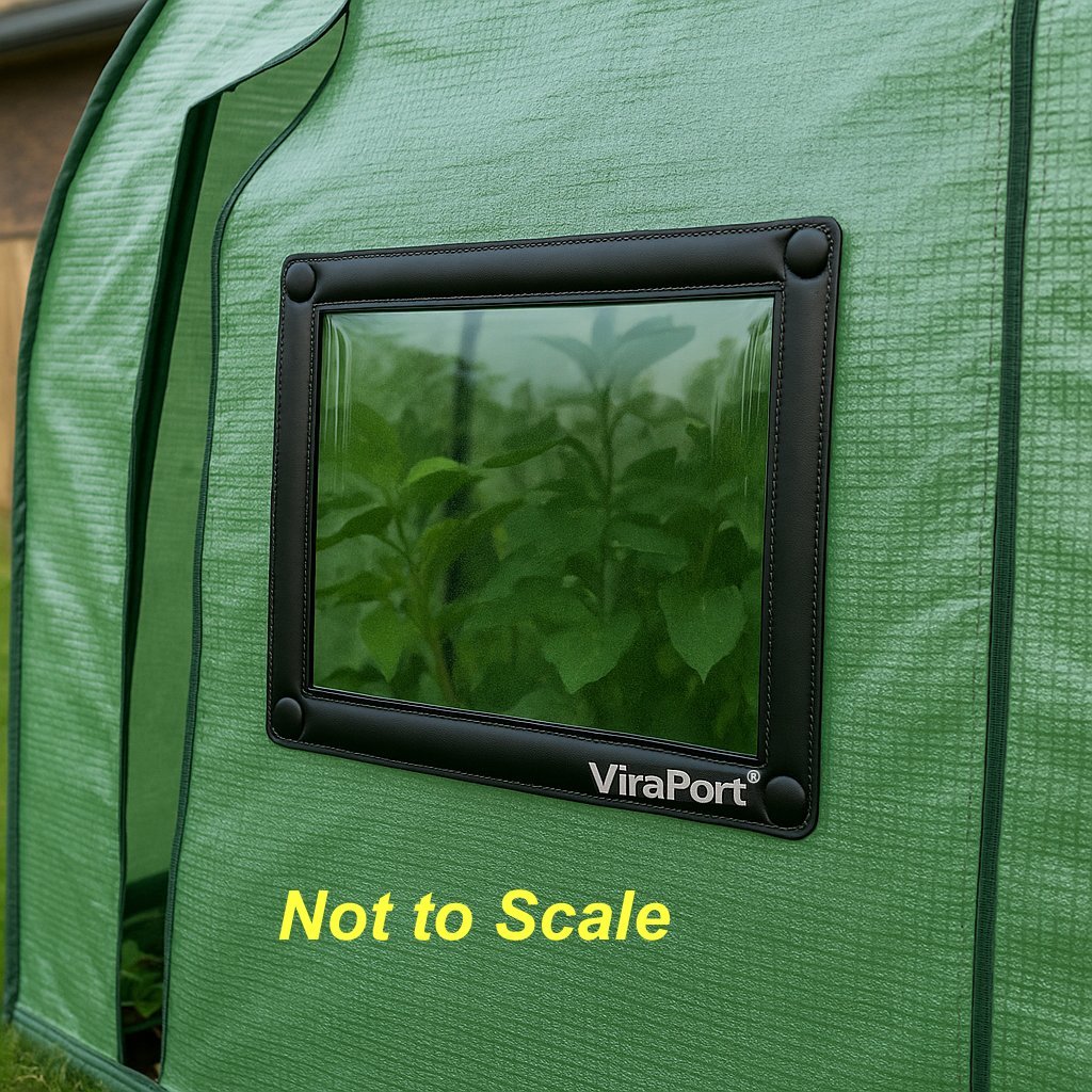 Greenhouse plants visible through Viraport window without opening panel