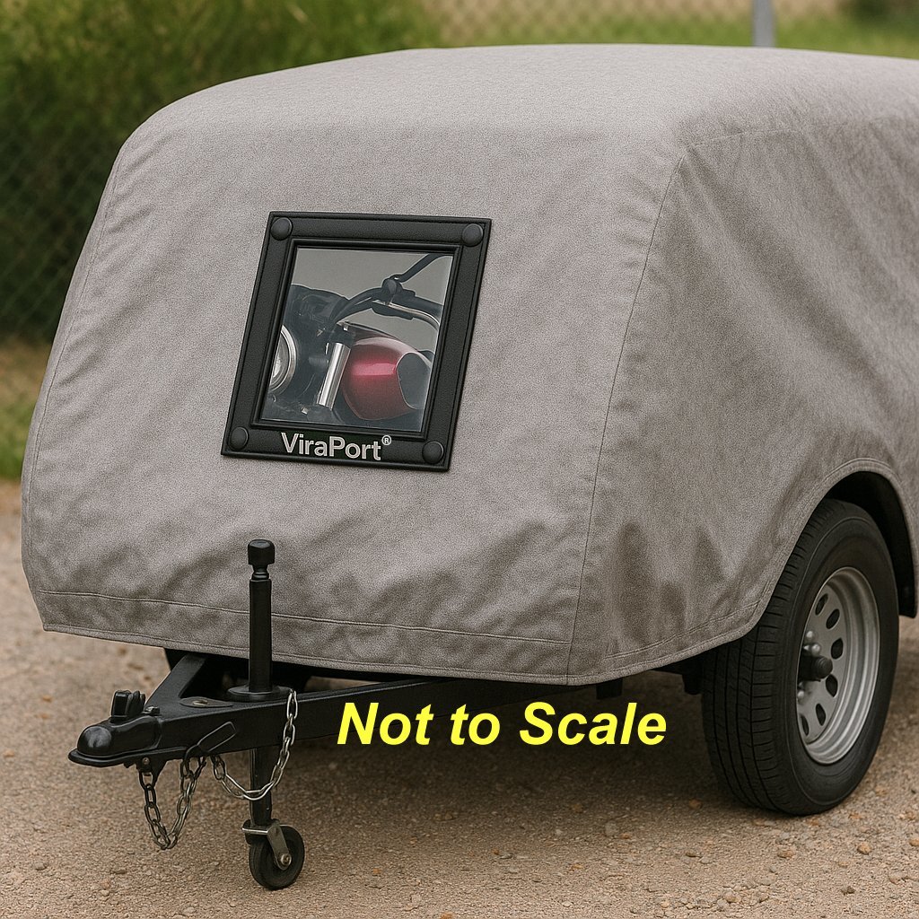 Motorcycle visible through Viraport window in trailer cover