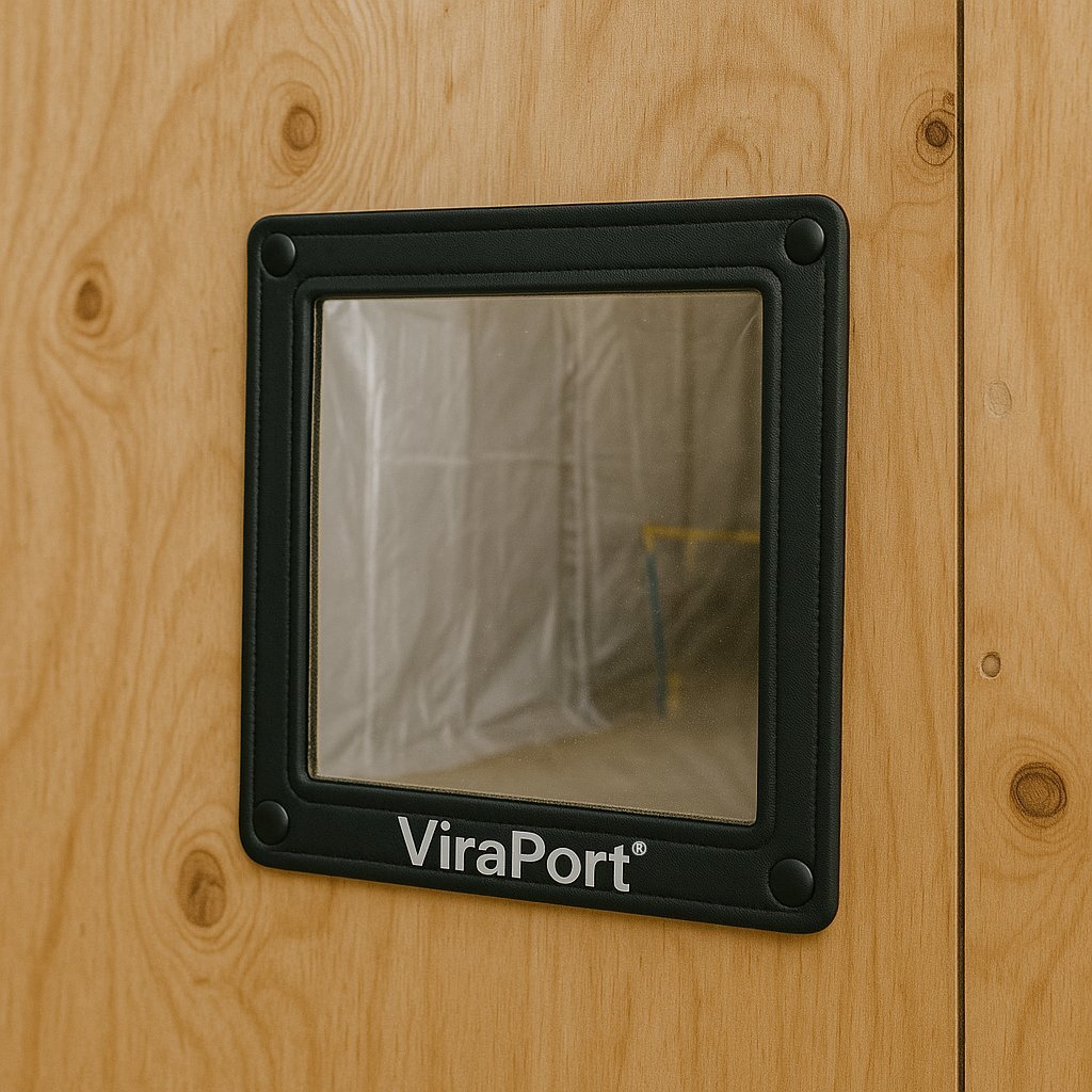 Viraport inspection window installed in wooden crate wall