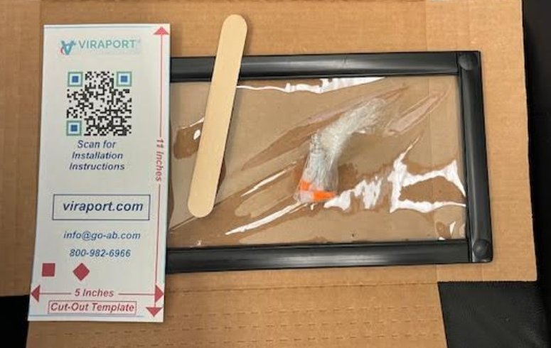 Viraport package contents showing clear inspection port, wooden craft strip, super glue tubes, and installation template